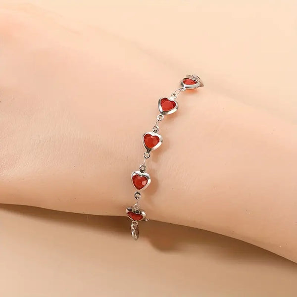 Silver Ruby Heart Chain Bracelet