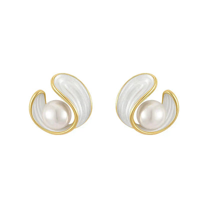 Gold Swirl Pearl Stud Earrings