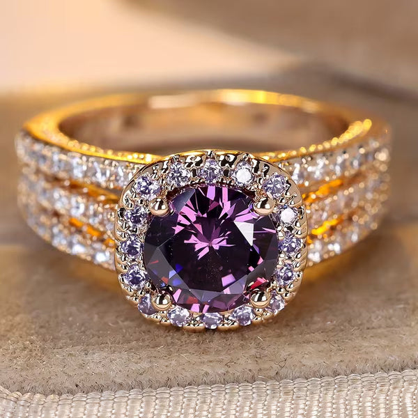 Gold Amethyst Halo Ring