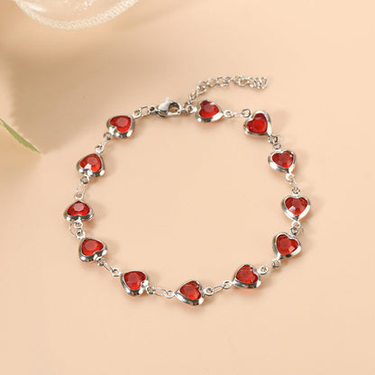 Silver Ruby Heart Chain Bracelet