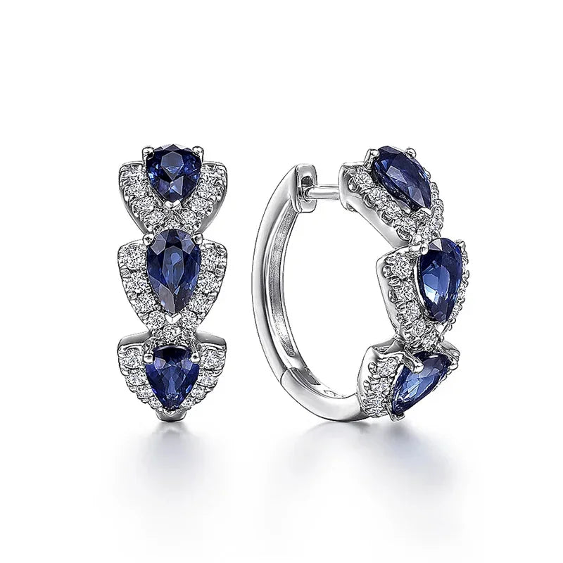 Silver Sapphire Halo Hoop Earrings