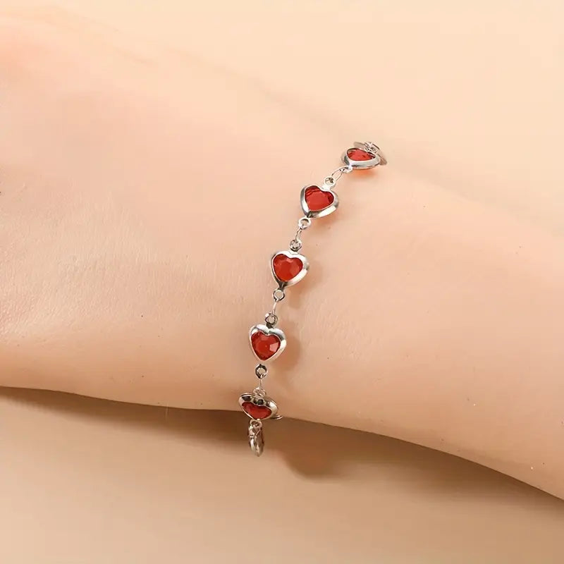 Silver Ruby Heart Chain Bracelet