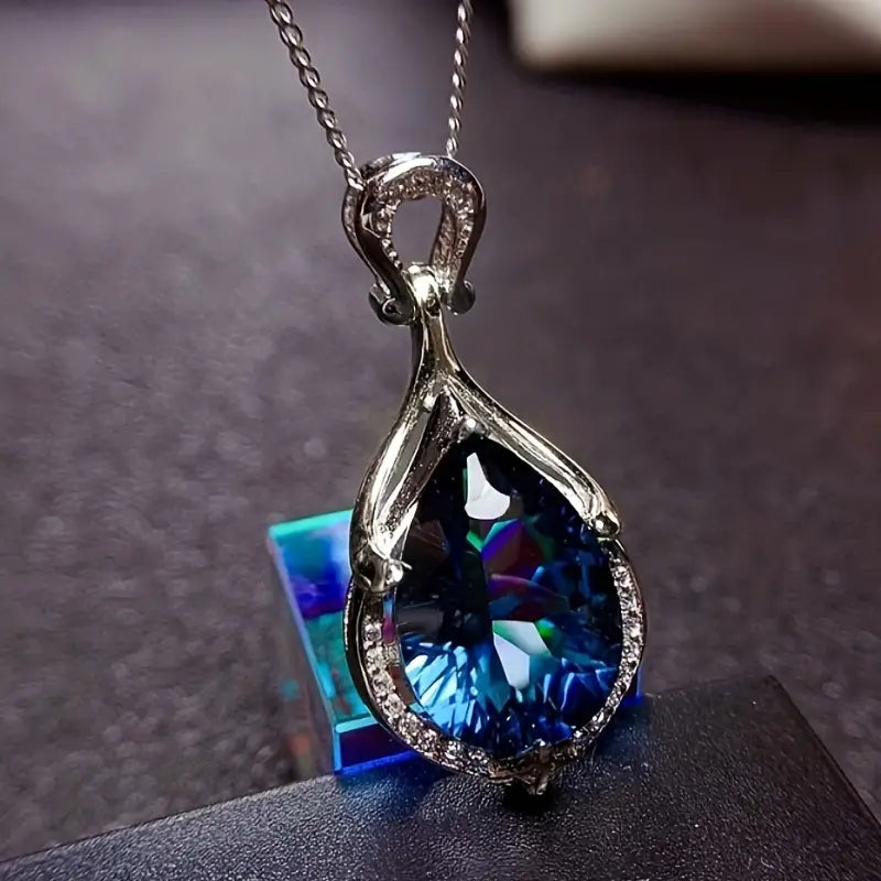 Silver Sapphire Teardrop Necklace
